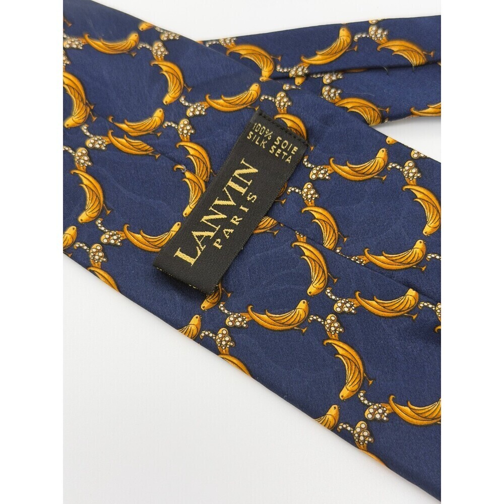 Vintage Lanvin Paris 100% Silk Blue Gold Bird Banana Print Men’s Tie Luxury - Picture 3 of 6